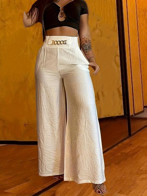 Women's Chain Decor Pocket Elastic Waist Wide Leg Pants, Casual High Waist Trousers for Daily Wear, Ladies Bottoms for All Seasons