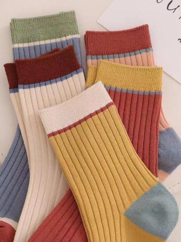 Women's 5 Pairs Colorblock Crew Socks, Casual Moisture Wicking Mid Tube Socks, Soft Comfy Breathable Socks For All Seasons Daily Wear