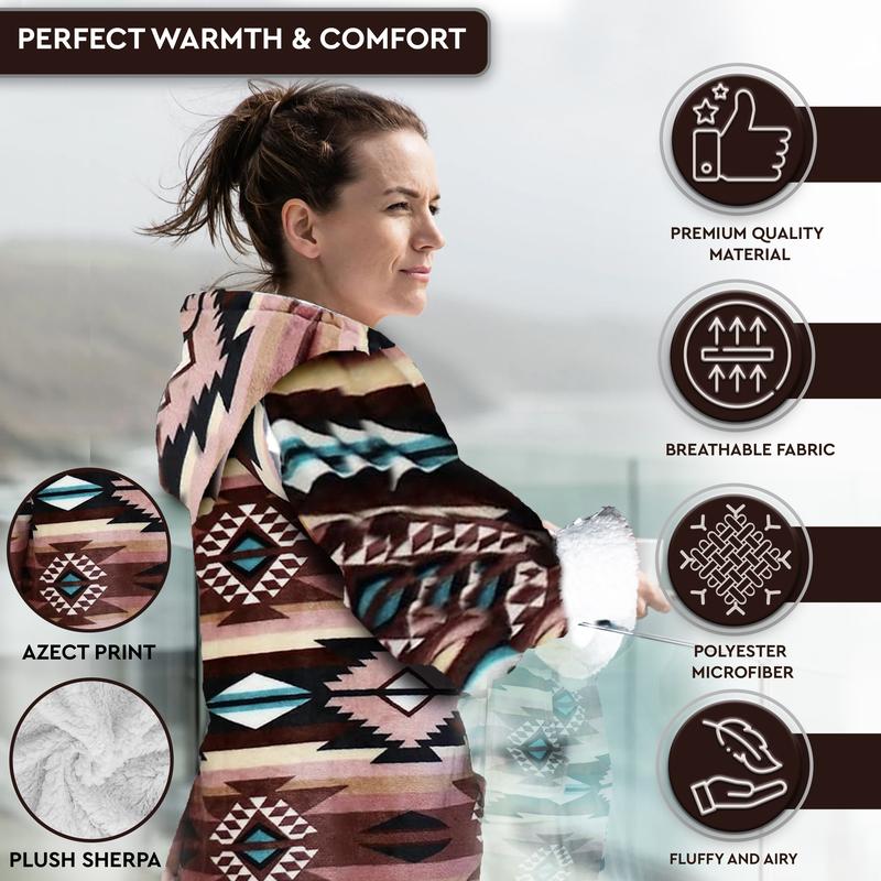 Trailcrest Aztec Womens Lightweight Soft Fleece Hooded Zip Up Lounge Bathrobe- Plush Long Spa Robes Sleepwear Apparel