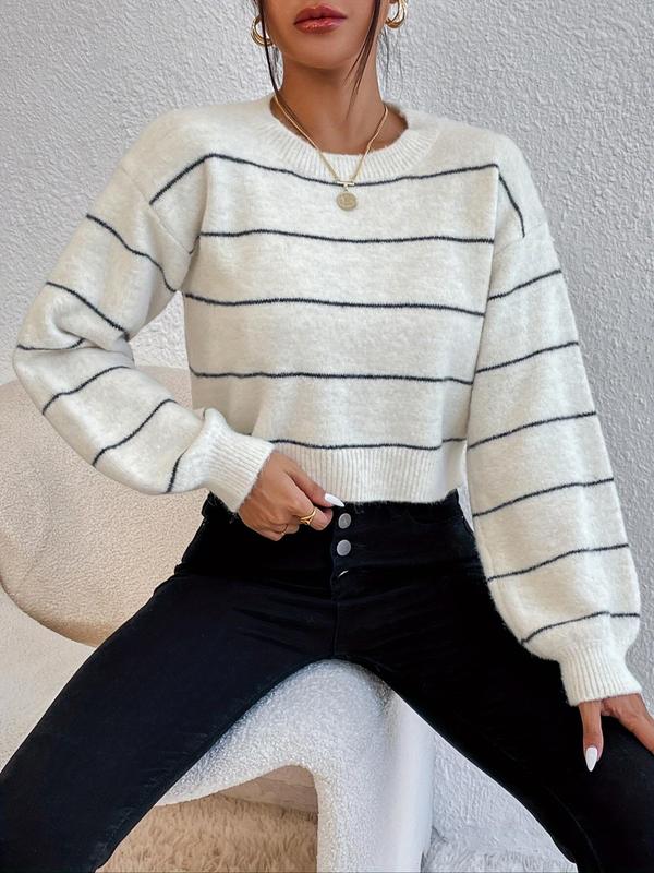 Women's Striped Print Drop Shoulder Sweater, Casual Long Sleeve Round Neck Jumper for Spring & Fall, Fashion Women's Knitwear for Daily Wear,  Fall Clothes