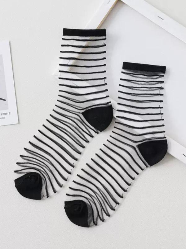 Women's Polka Dot & Striped Print Sheer Crew Socks, Fashion Casual Comfy Breathable Socks for Daily Outdoor Wear, Ladies Socks for All Seasons