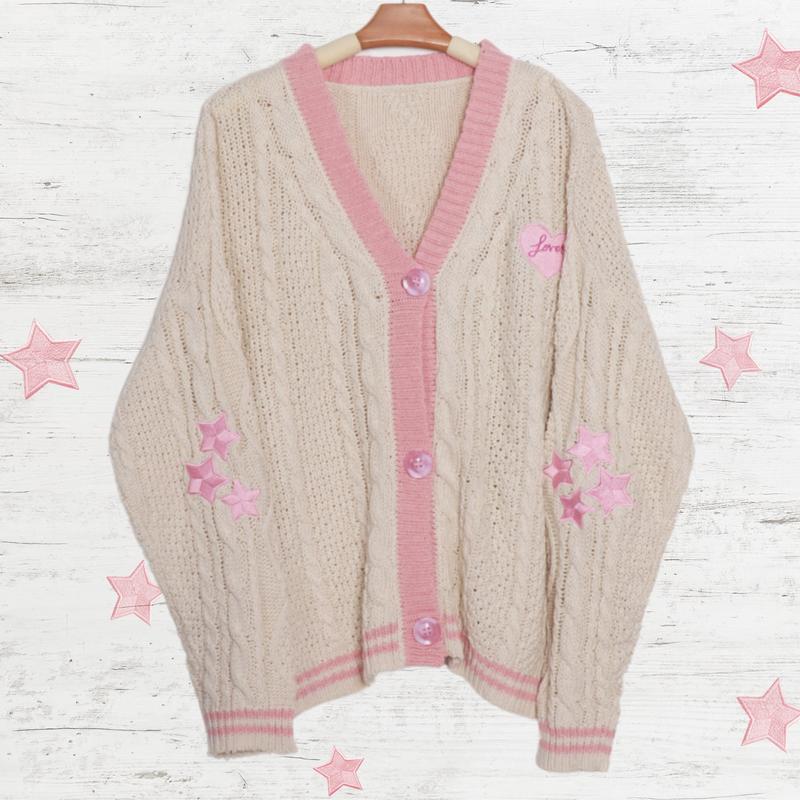 Girls Star Embroidered Oversized Cardigan, Valentine's Day Gift for Girlfriend, Taylor Pink Lover Heart Cardigan, long-sleeved Womenswear Knitwear