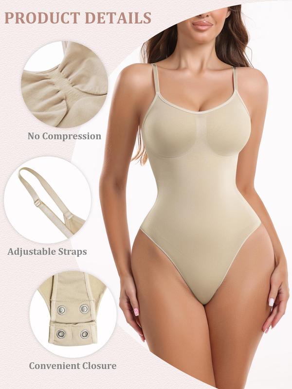 Women's Solid Adjustable Strap Shapewear Bodysuit, High Stretch Tummy Control Button Closure Crotch Shaper, Ladies Shapewear for All Seasons