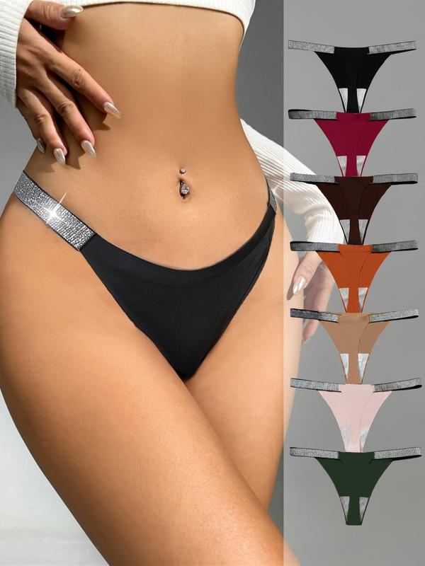 Women's Solid Glitter Tape Thong, Soft Breathable Drop Waist Panty, Fall & Summer Clothes, Minimalist Basic Panties for Lady, Underwear Women, Birthday Wear Black Girl