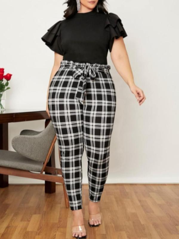  Plaid Print Tie Front Ruffle Leggings, Casual Comfy Elastic Waist Skinny Pants for Daily Wear, Women's Bottoms for Fall & Winter