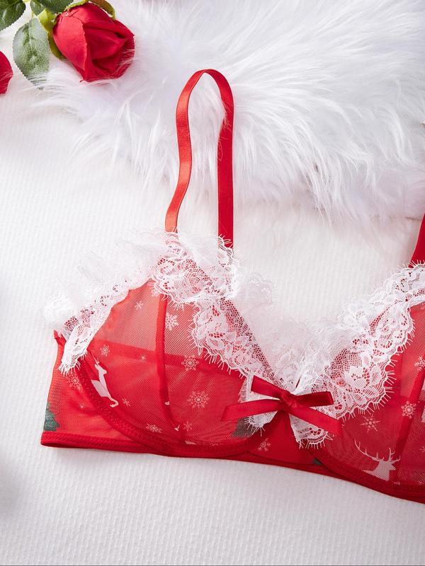 Women's 2pcs Christmas Snowflake Print Contrast Lace Adjustable Strap Bra & Bow Decor Panty Set, Sexy Lingerie Set for Home Wear, Ladies Summer Underwear Set, Women Sexy Lingeries & Costumes