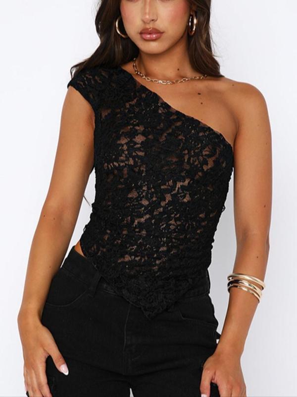 Women's Minimalist One Shoulder Knot Backless Floral Lace Bodycon Tank Top, Lady Boho Sexy Elegant Comfort Sleeveless Asymmetrical Hem Top for Summer, Back-to-School Clothing, Basic Womenswear, Birthday Gifts