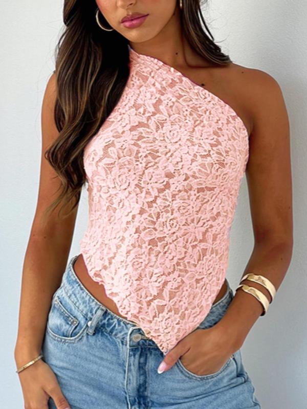 Women's Minimalist One Shoulder Knot Backless Floral Lace Bodycon Tank Top, Lady Boho Sexy Elegant Comfort Sleeveless Asymmetrical Hem Top for Summer, Back-to-School Clothing, Basic Womenswear, Birthday Gifts