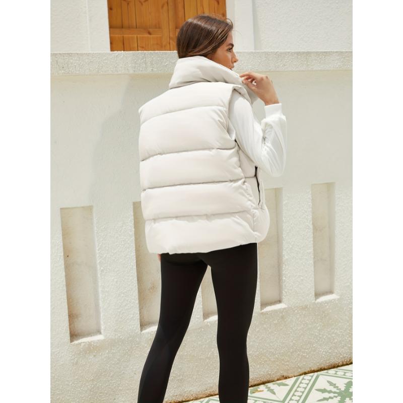 Women's Lightweight Zip Up Puffer Vest Stand Collar Sleeveless Padded Gilet With Pockets