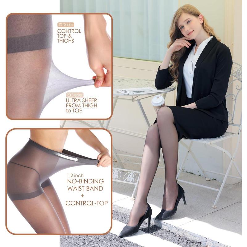 3 Pairs Women's Sheer Tights - 20D Control Top Pantyhose with Reinforced Toes Comfort Fit