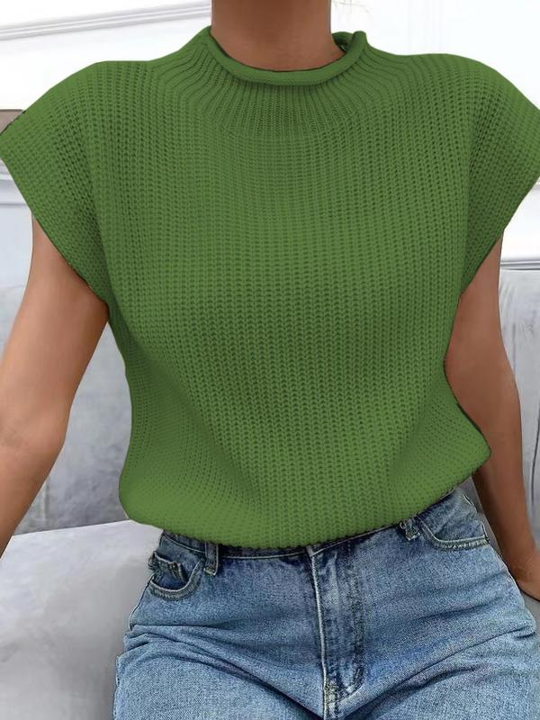 Women's Plain Roll Trim Mock Neck Sweater Vest, Casual Solid Sleeveless Knit Top for Spring & Fall, Clothes Women, Women's Knitwear for Daily Wear, Summer Outfits 2024