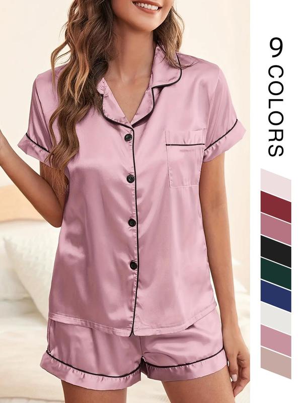 Two Four Six Counts Women's Satin Pyjama Lounge Co-ord Set, Lapel Collar Button Front Pocket Blouse & Contrast Binding Elastic Waist Pj Shorts Pajama Set, Lady Homewear for Summer, Back To School Wear Black Girl Wear