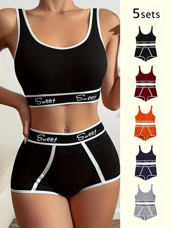 Women's 10pcs Letter Tape Wireless Bra & Contrast Binding Panty Shorts Set, Back To School Soft Comfy Breathable Lingerie Set for Daily Wear, Ladies Underwear Set for Fall