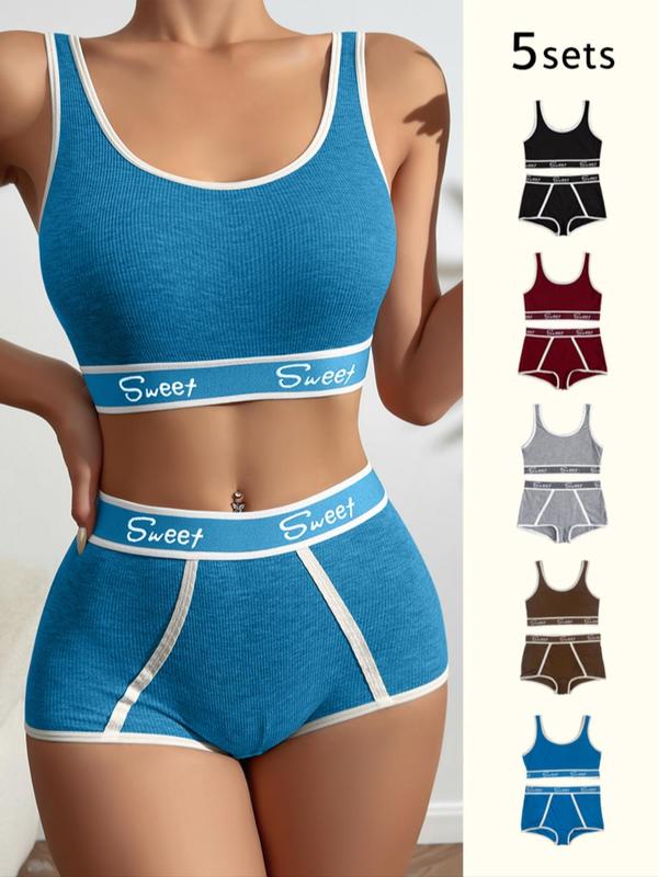 Women's 10pcs Letter Tape Wireless Bra & Contrast Binding Panty Shorts Set, Back To School Soft Comfy Breathable Lingerie Set for Daily Wear, Ladies Underwear Set for Fall