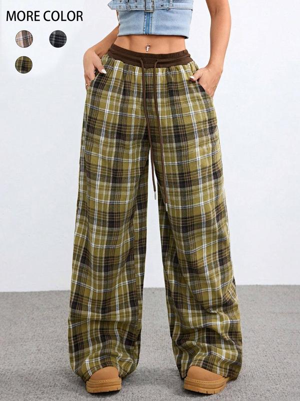 Women's Plaid Print Drawstring Waist Wide Leg Pants, Pants for Women, Going Out Bottoms, Casual Comfy Pocket Trousers for Spring & Fall, Women's Bottoms for Daily Wear, Downtown Girl Clothes, Preppy 80s Clothes