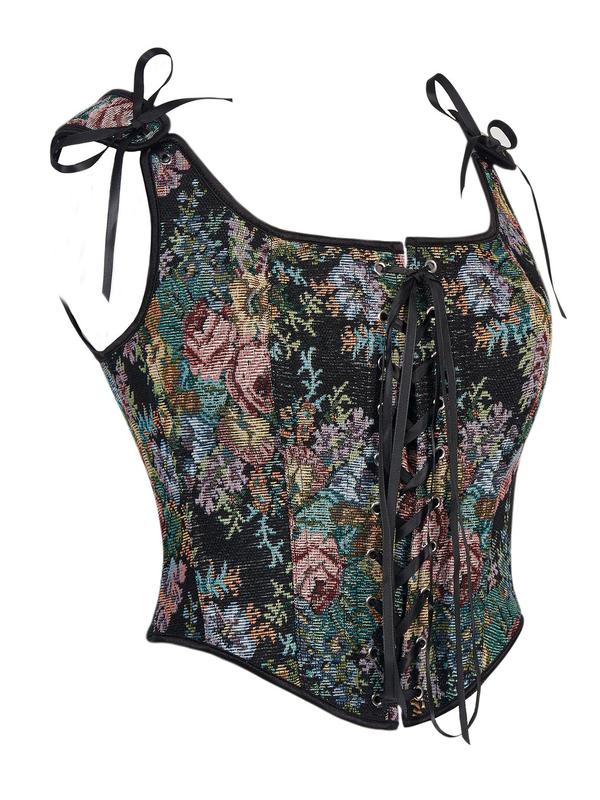 Women's Floral Print Lace Up Tie Front Shapewear Top, Vintage Grommet Eyelet Corset, Women's Shapewear for Fall & Winter