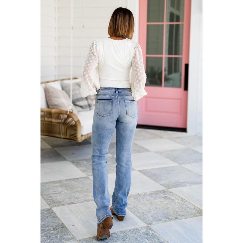 Risen  Mid Rise Medium Wash Long Straight Leg Jeans