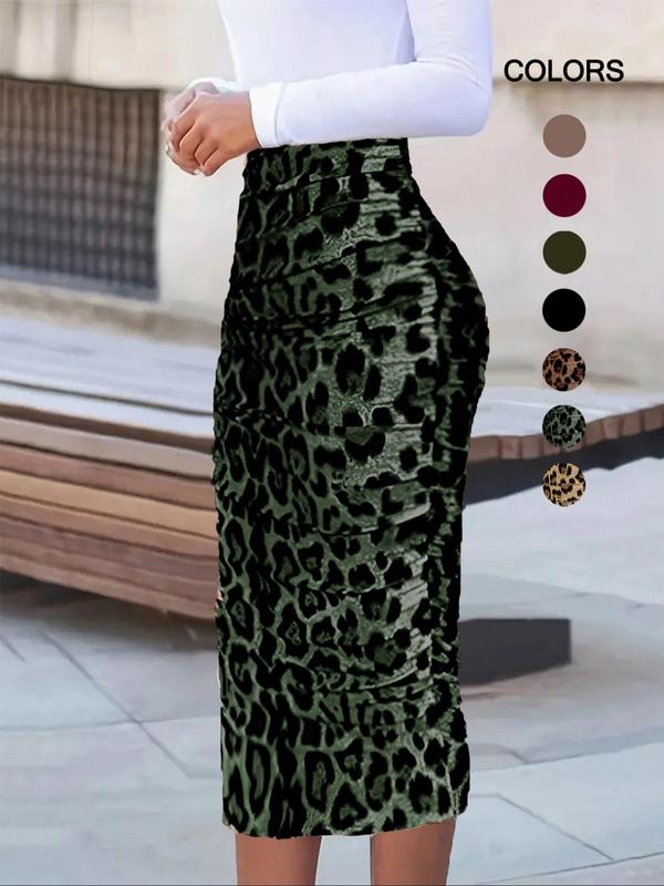 Women's Leopard Print Ruched Pencil Skirt, Skirts for Women, Elegant Fashion High Waist Midi Skirt for Daily Outdoor Wear, Women Bottoms for Summer