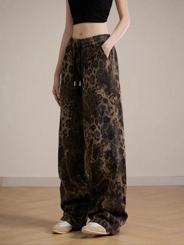 Women's Leopard Print Drawstring Waist Wide Leg Pants, Casual Pocket Trousers for Daily Wear, Ladies Bottoms for All Seasons