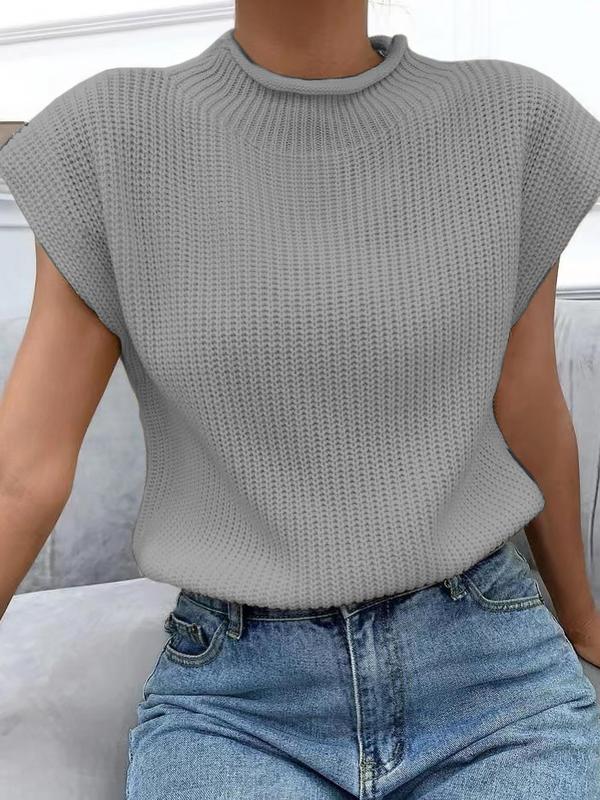 Women's Plain Roll Trim Mock Neck Sweater Vest, Casual Solid Sleeveless Knit Top for Spring & Fall, Clothes Women, Women's Knitwear for Daily Wear, Summer Outfits 2024