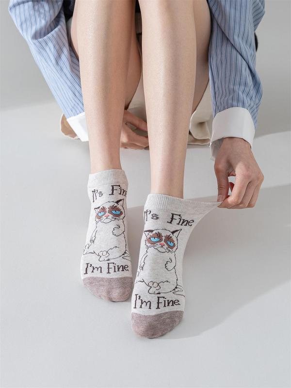 Women's 5 Pairs Cartoon Cat & Letter Print Colorblock Ankle Socks, Cute Comfortable Breathable Low Cut Socks for Daily Wear, Ladies Socks for Spring & Fall