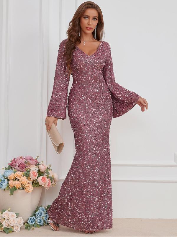 Women's Glitter Sequin Flounce Sleeve Mermaid Evening Dress, Elegant V Neck Long Sleeve Maxi Dress for Party Banquet, Prom Gown, Ladies' Clothes for All Seasons