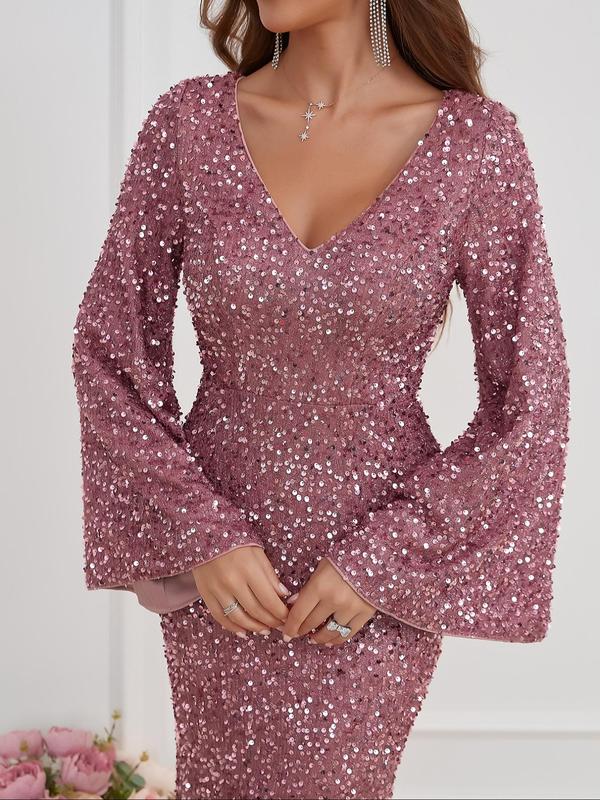 Women's Glitter Sequin Flounce Sleeve Mermaid Evening Dress, Elegant V Neck Long Sleeve Maxi Dress for Party Banquet, Prom Gown, Ladies' Clothes for All Seasons