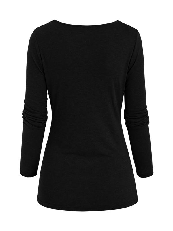 Women's Plain Fake Buttons Ruched Cowl Neck Tee, Casual Long Sleeve T-shirt for Spring & Fall, Women's Clothing for Daily Wear