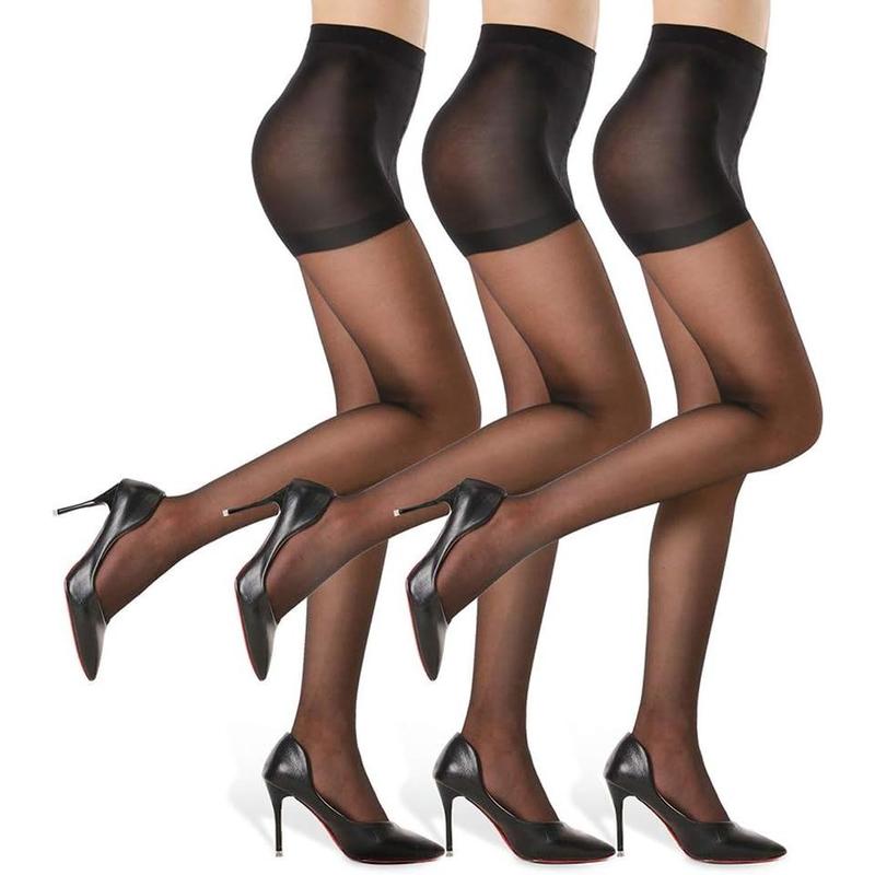 3 Pairs Women's Sheer Tights - 20D Control Top Pantyhose with Reinforced Toes Comfort Fit