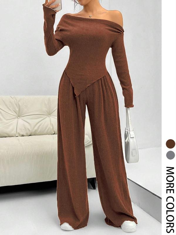 Women's Solid Off Shoulder Asymmetrical Tee & Elastic Waist Pants Two-piece Set, Casual Fashion Cozy Long Sleeve Ribbed Top & Lettuce Trim Trousers for Daily Outdoor Wear, Matching Sets, Women's 2 Piece Co Ord Sets for Spring & Fall