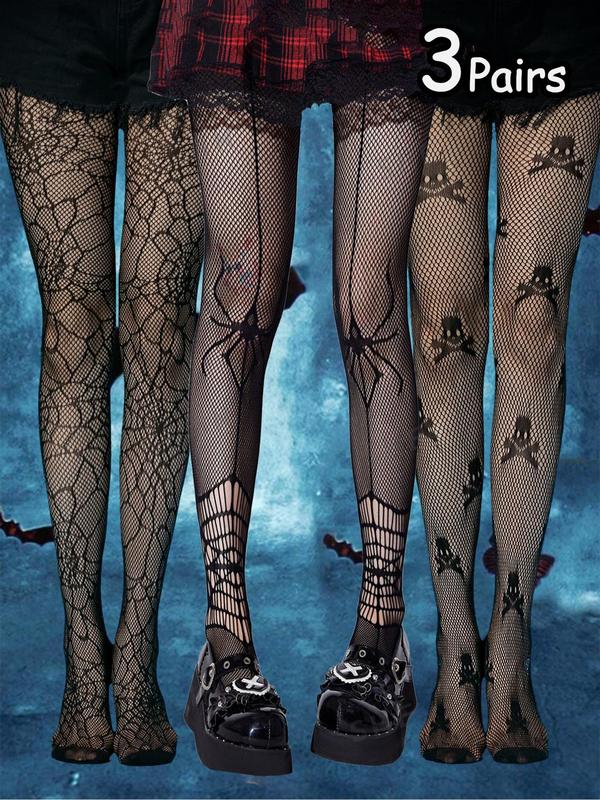 Women's Fishnet Tights, Halloween Themed Casual Comfy Breathable Spider Web & Skull Pattern Sheer Tights for Daily Wear, Fishnets Pantyhose, Ladies Tights for All Seasons Fall Wear 2024, Spirit Halloween 2024