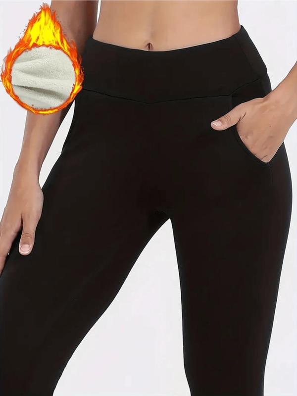 Women's Solid Pocket Thermal Lined Leggings, Casual Comfy Warm Skinny Pants for Daily Wear, Ladies Bottoms for Winter