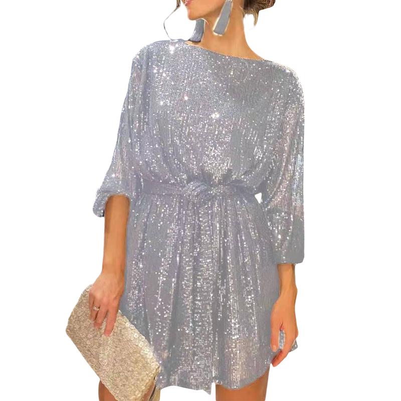 Sparkling Glamorous Party Dress Cocktail Gorgeous Glitter Bodycon Costume Evening Club Outfit Sequin Plus Size Mini Dress Long Sleeve Round Neck Women's Basic Womenswear Black Friday