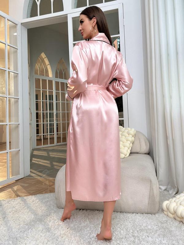 Contrast Binding Belted Satin Pj Robe for Women, Fall Wear, Fallfreshness Long Sleeve Pajama Dressing Gown, Robe for Women, Women's Nightwear, Summer Wear 2024, Ladies Sleepwear for Summer, Fall Wear