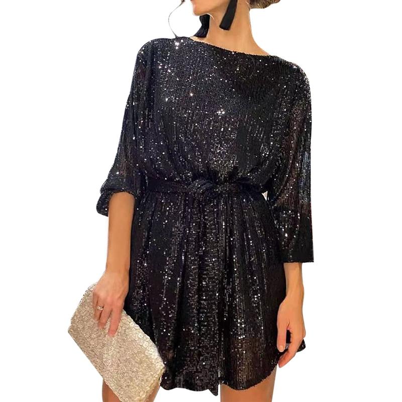 Sparkling Glamorous Party Dress Cocktail Gorgeous Glitter Bodycon Costume Evening Club Outfit Sequin Plus Size Mini Dress Long Sleeve Round Neck Women's Basic Womenswear Black Friday