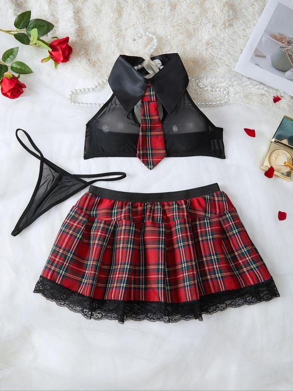 Women's Plaid Print Contrast Lace Sexy School Costumes Set for Christmas Party, Fashion Necktie Backless Crop Top & Pleated Skirt & Sheer Thong Set, Women's Lingerie & Underwear for Daily Wear