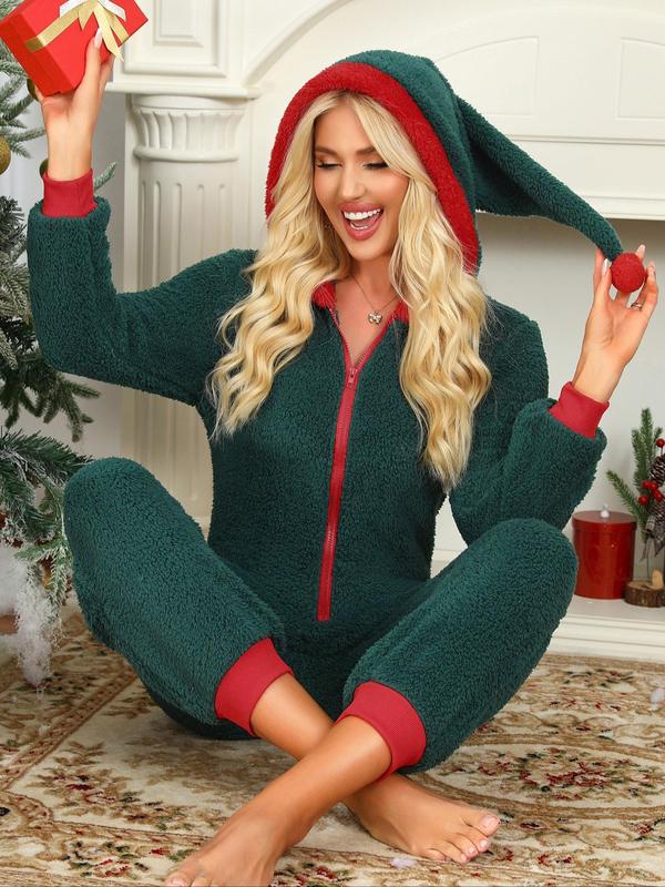 Christmas Women's Colorblock Cute Reindeer Design Zipper Flannel Lounge Jumpsuit, Cute Casual Long Sleeve Hooded Jumpsuit for Fall & Winter, Women's Sleepwear for Indoor Wear Onesies Pajama