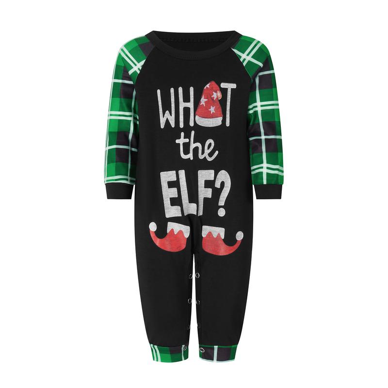 Family Matching Christmas Pajamas Elf Letter Print Long-Sleeved Pullover Tops Plaid Trousers Night Sleepwear