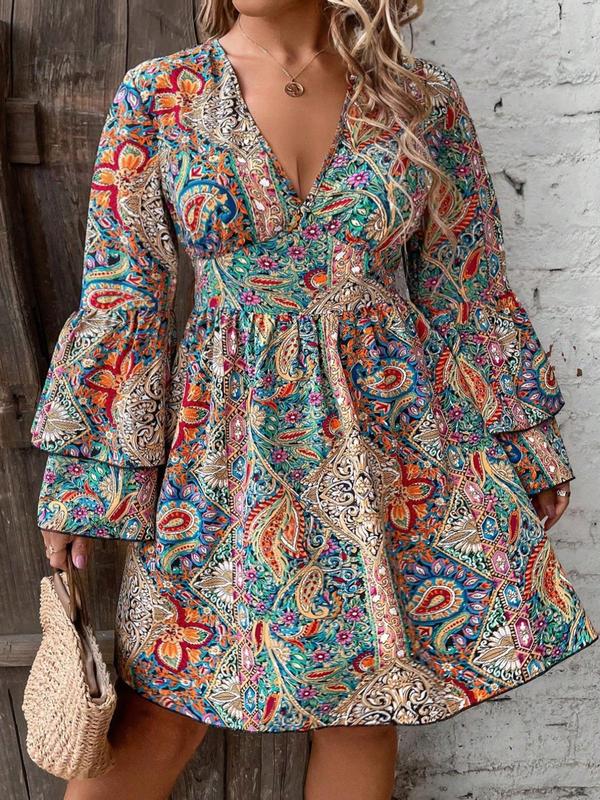  All Over Paisley Print Ruffle Trim Flounce Sleeve Dress, Boho Deep V Neck Long Sleeve A Line Dress for Vacation Holiday Wedding Guest, Women's Clothes for Fall & Winter, Dresses for Women Moo Moo Dresses