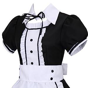 Women's Lolita French Maid Outfit Halloween Anime Costume with Apron Gloves Headband Socks 6 Pcs Set