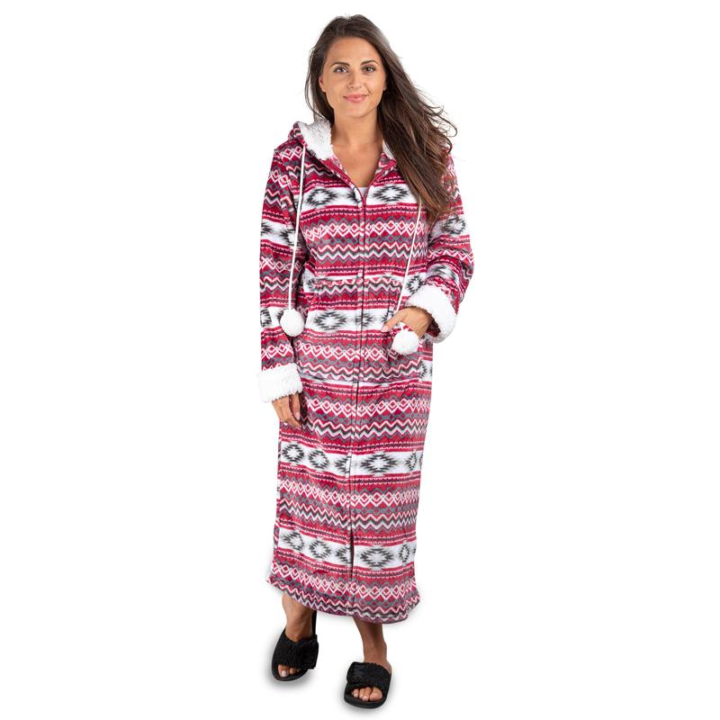 Trailcrest Aztec Womens Lightweight Soft Fleece Hooded Zip Up Lounge Bathrobe- Plush Long Spa Robes Sleepwear Apparel