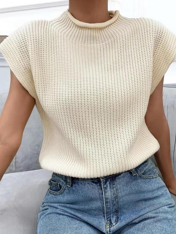 Women's Plain Roll Trim Mock Neck Sweater Vest, Casual Solid Sleeveless Knit Top for Spring & Fall, Clothes Women, Women's Knitwear for Daily Wear, Summer Outfits 2024