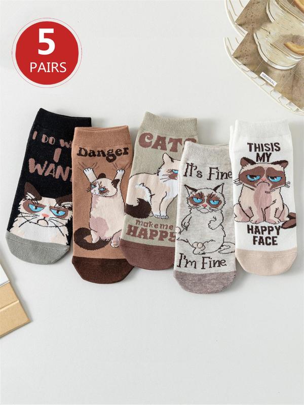 Women's 5 Pairs Cartoon Cat & Letter Print Colorblock Ankle Socks, Cute Comfortable Breathable Low Cut Socks for Daily Wear, Ladies Socks for Spring & Fall