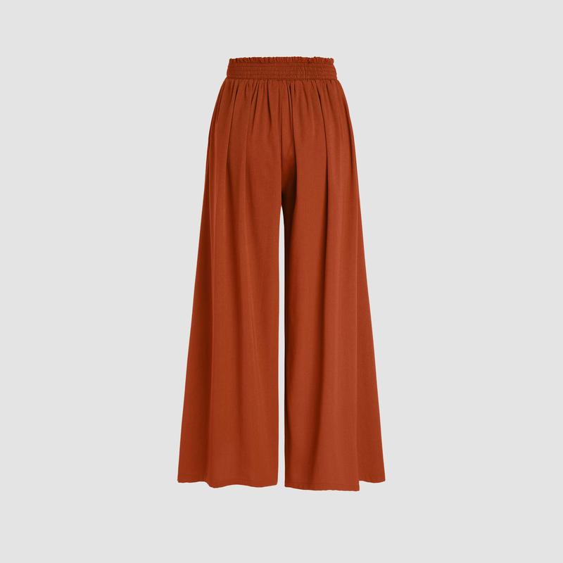 Cider [3 colors, size 2-26] Linen-blend High Rise Bowknot Shirred Wide Leg Trousers