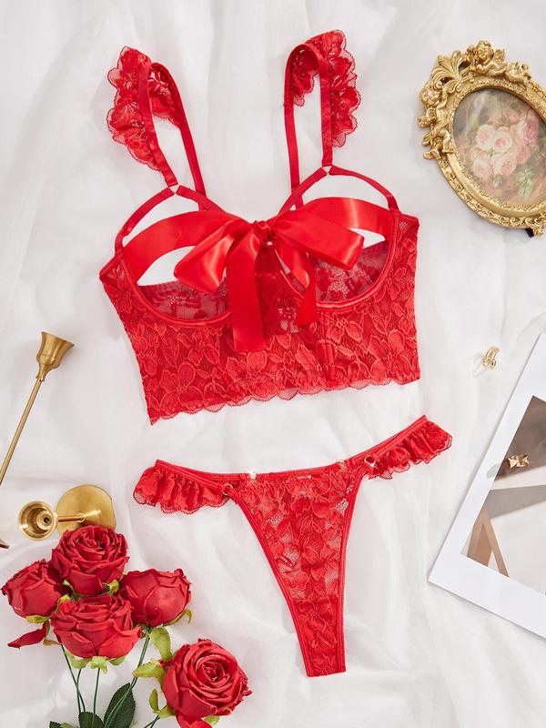 Women's Floral Lace Bra & Panty Two-piece Set, Sexy Push Up Bra & Panty Set, Lingerie Set for Women