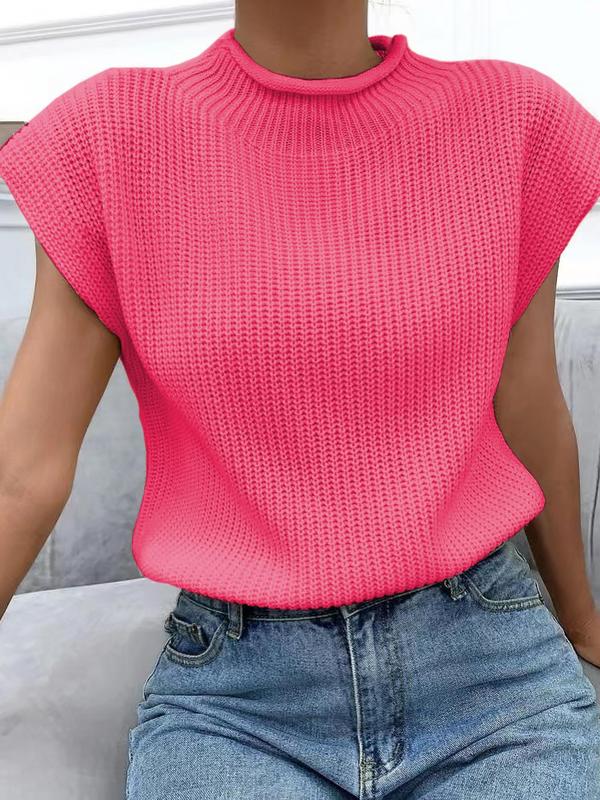 Women's Plain Roll Trim Mock Neck Sweater Vest, Casual Solid Sleeveless Knit Top for Spring & Fall, Clothes Women, Women's Knitwear for Daily Wear, Summer Outfits 2024