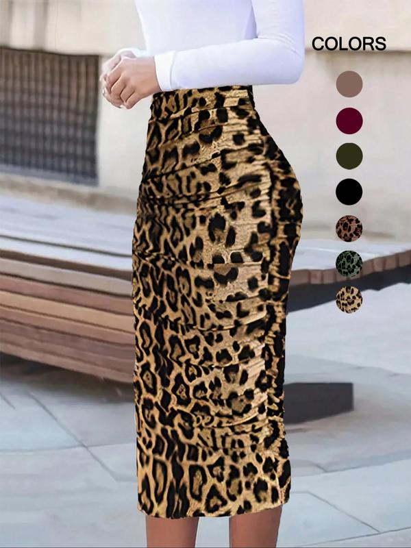 Women's Leopard Print Ruched Pencil Skirt, Skirts for Women, Elegant Fashion High Waist Midi Skirt for Daily Outdoor Wear, Women Bottoms for Summer