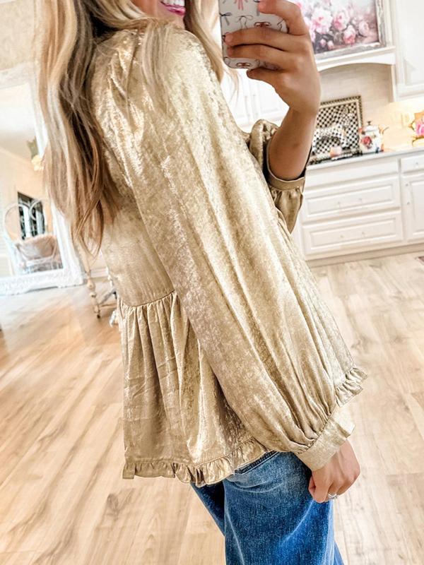 Women's Glitter Frill Trim V Neck Blouse, Elegant Bishop Sleeve Top for Fall & Winter, Women's Clothing for Daily Wear