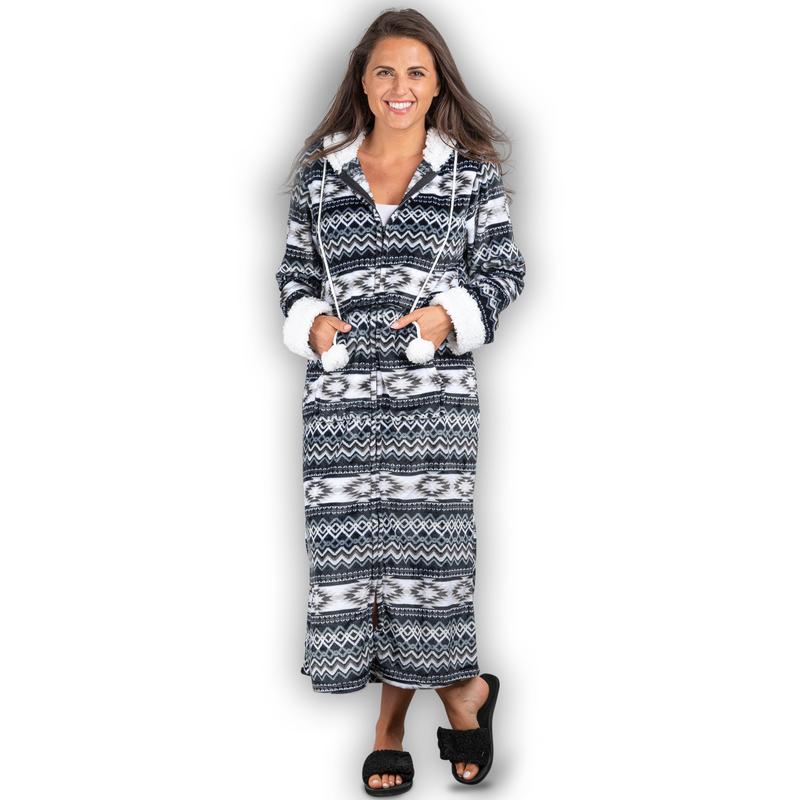 Trailcrest Aztec Womens Lightweight Soft Fleece Hooded Zip Up Lounge Bathrobe- Plush Long Spa Robes Sleepwear Apparel