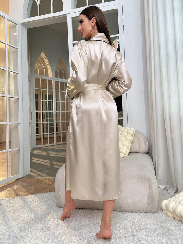 Contrast Binding Belted Satin Pj Robe for Women, Fall Wear, Fallfreshness Long Sleeve Pajama Dressing Gown, Robe for Women, Women's Nightwear, Summer Wear 2024, Ladies Sleepwear for Summer, Fall Wear